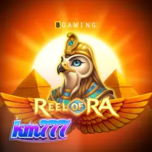 Tampilan antarmuka permainan slot Reel of Ra dengan simbol koin dan gulungan pengali.